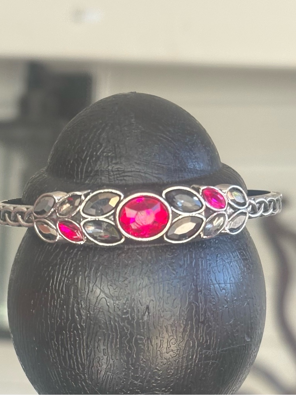 Silver-Tone Bracelet with Pink and Clear Gem Accents